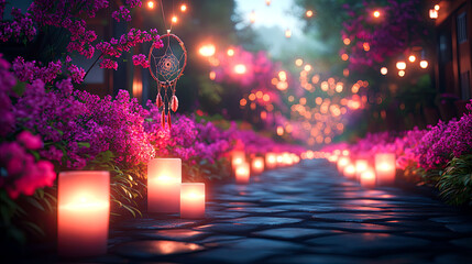Magical path lined with candles and flowers at night.