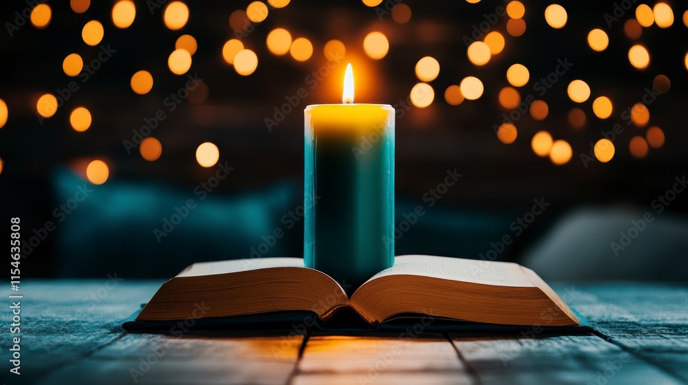 Poster a tranquil candlelit scene with an open book, creating a cozy and contemplative atmosphere with soft