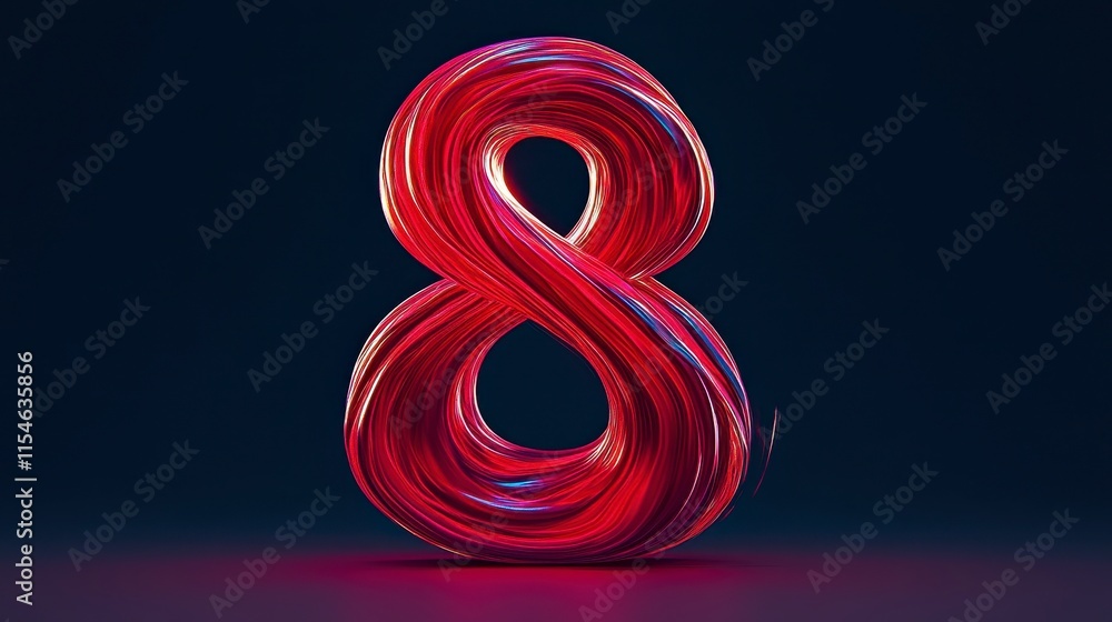 Poster a stunning representation of the number eight in a vibrant, flowing 3d design with glowing edges and