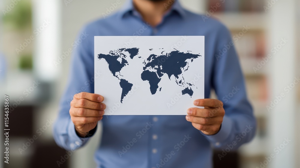 Poster man connecting global communication, holding card displaying world map