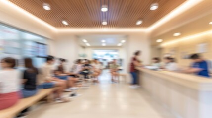 Blurred image of people waiting in a clinic reception area.