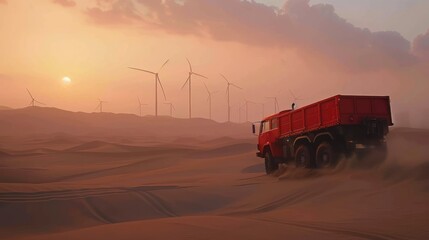 Fototapeta premium Red truck driving through desert at sunset, wind turbines in background.