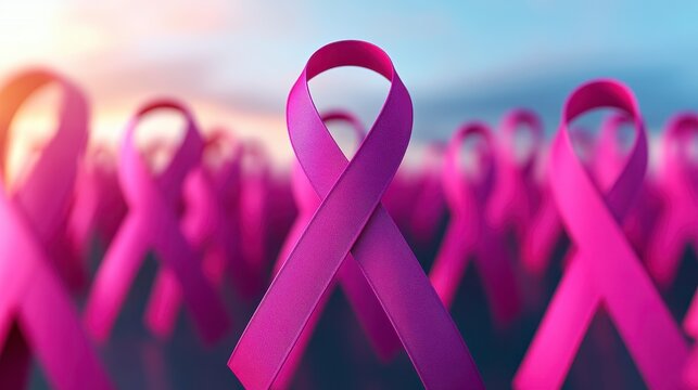 A vibrant display of pink ribbons symbolizing awareness and solidarity against breast cancer, set against a serene twilight background. - Powered by Adobe