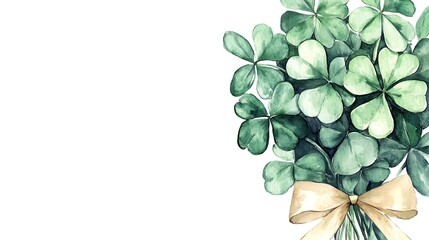 Watercolor painting of a shamrock bouquet with a beige ribbon.