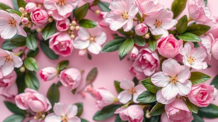 Fototapeta premium Soft pink floral background with delicate blooms and leaves, perfect for product placement or advertising text in the center, empty space, blooms, floral