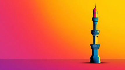 A vibrant digital illustration of a tall minaret against a colorful gradient background showcasing sunset hues