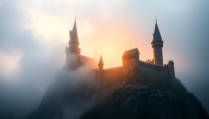 Naklejka premium Enchanted Castle in Misty Sunrise