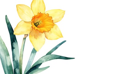Fototapeta premium Watercolor painting of a yellow daffodil flower with green leaves on white background.