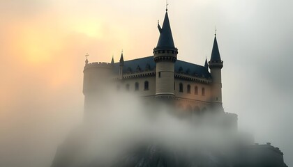 Misty Castle at Sunrise: A Fairytale Scene