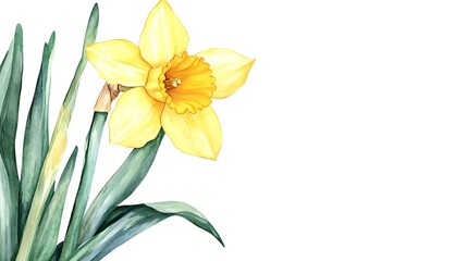 Watercolor painting of a yellow daffodil with green leaves on white background.