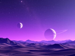 Space background featuring a purple planet landscape with stars, satellites, and alien planets in the sky, created using generative AI technology, planets, alien, generative AI
