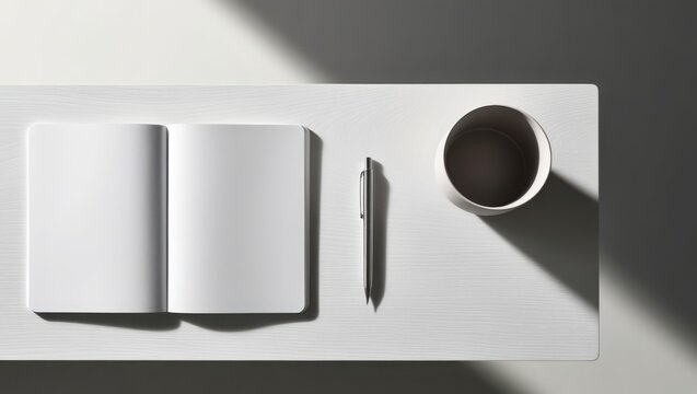 White Desk With Open Notebook Pen And Cup