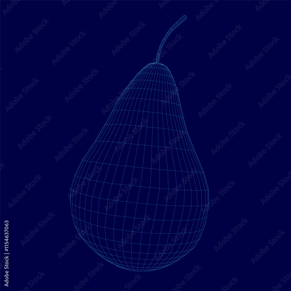 Poster blue image of a pear. the pear is shown in a 3d format, with a wireframe design. the image has a fut