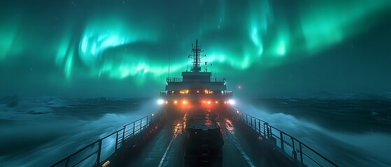 Ship sailing through stormy sea under aurora borealis.
