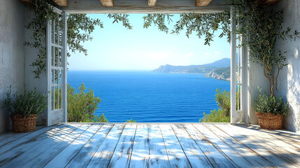 Fototapeta premium Open doorway reveals scenic ocean view.