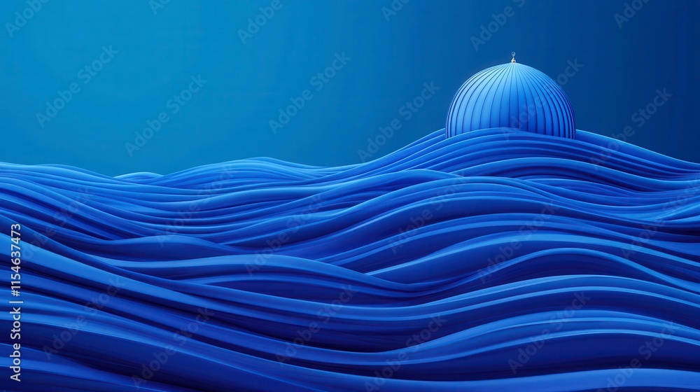 Poster a serene landscape of flowing blue waves enveloping a domed structure in a tranquil and abstract env
