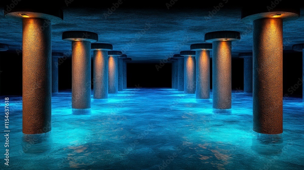 Poster mysterious underwater space with illuminated columns and shimmering water surface reflecting soft bl