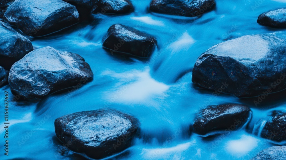 Poster Tranquil river scene featuring smooth, dark rocks partially submerged in flowing water, creating a serene natural setting