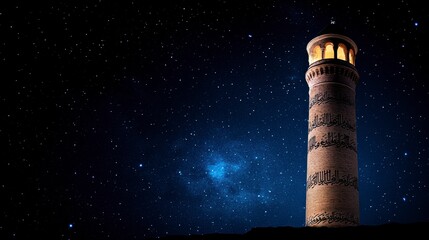 A beautifully illuminated historical minaret against a starry night sky showcasing intricate Arabic calligraphy