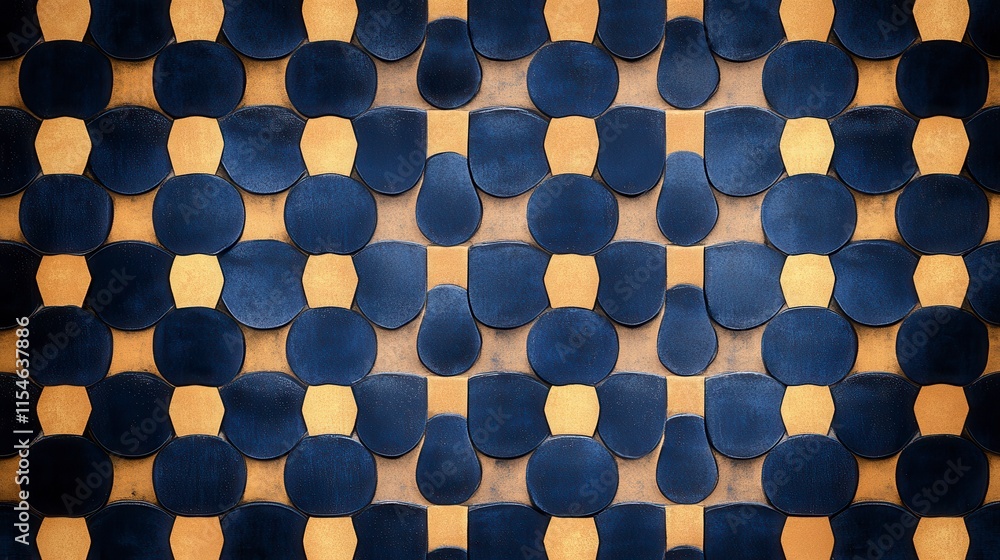 Poster an artistic arrangement of circular tiles showcasing a unique pattern of navy and gold colors on a t