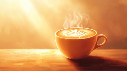 Warm Coffee Cup with Latte Art on Table Surrounded by Soft Golden Light, Capturing a Cozy Morning Vibe and Inviting Atmosphere for Relaxation and Enjoyment