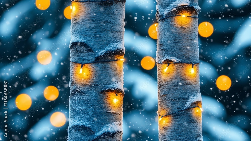 Poster Enchanting winter scene with glowing lights wrapped around birch trees and soft snowfall in a serene forest setting