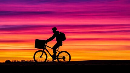 Obraz premium Silhouette of a cyclist against a breathtaking sunset sky, emphasizing the freedom of outdoor adventures and sustainable travel.