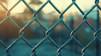 Fototapeta premium Close-up View of a Chain Link Fence with Blurred Background Revealing Sunlight and Soft Bokeh Effects in a Serene Outdoor Setting