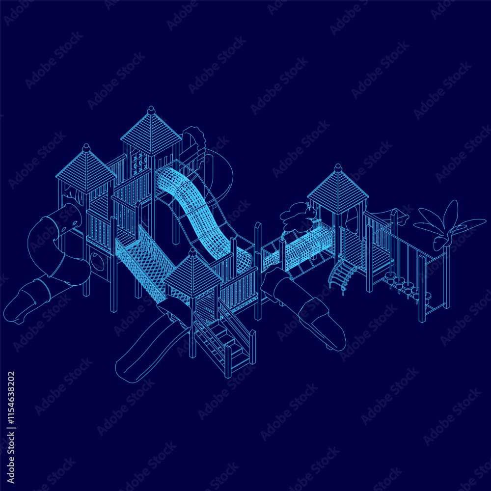 Poster blue drawing of a playground with a slide and a jungle gym. the playground is designed to be fun and