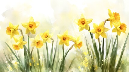 Watercolor painting of yellow daffodils in a field.