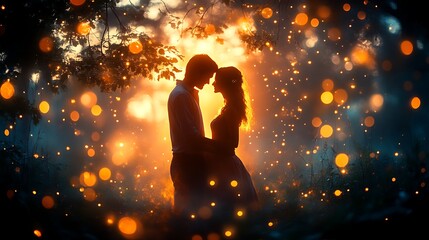 Silhouetted couple embracing amidst magical sunset bokeh.