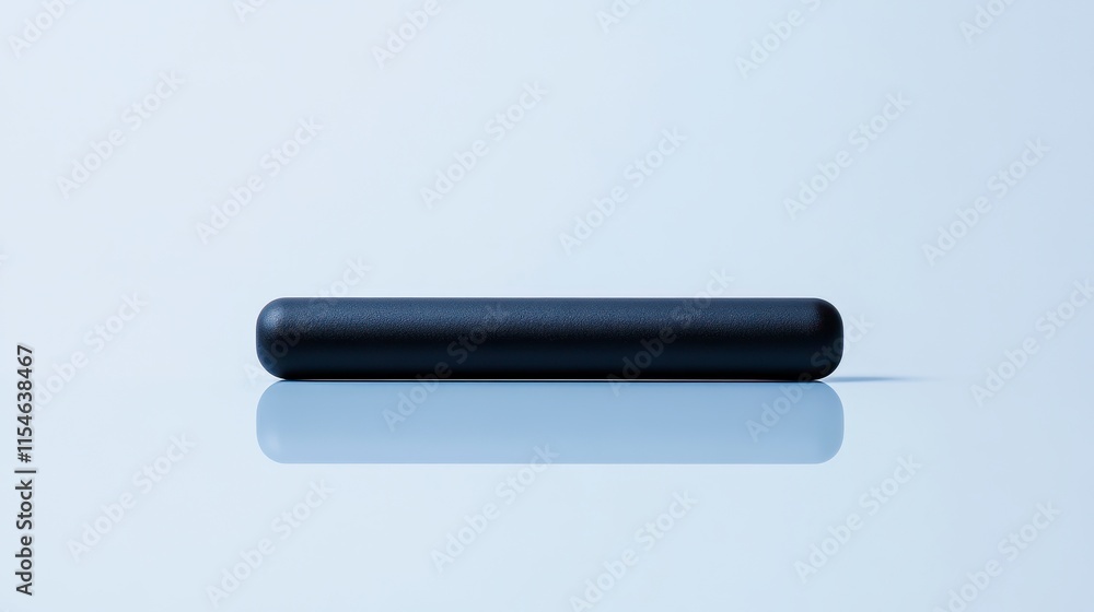 Poster Sleek black cylinder on a reflective surface with a minimalistic design against a soft blue backdrop