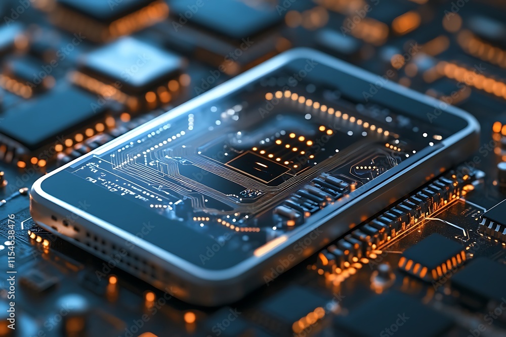 Poster advanced microchip on circuit board. concept of technology, innovation, and future.