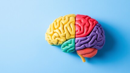 A colorful and detailed model of the human brain showcasing different lobes and their functions against a light blue background