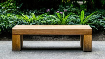 Fototapeta premium Modern wooden bench with a natural setting surrounded by lush greenery and blooming flowers, perfect for relaxation and contemplation