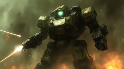 Combat robot firing weapons in warzone.