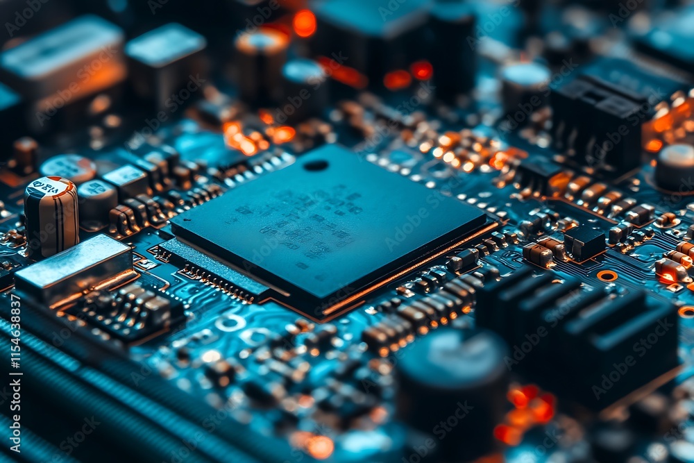 Aufkleber close up of a circuit board with a processor. concept of technology, electronics, and innovation.