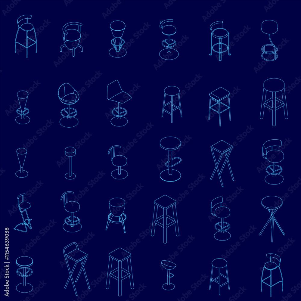 Poster blue background with a variety of chairs and stools drawn in blue. the chairs and stools are all dif