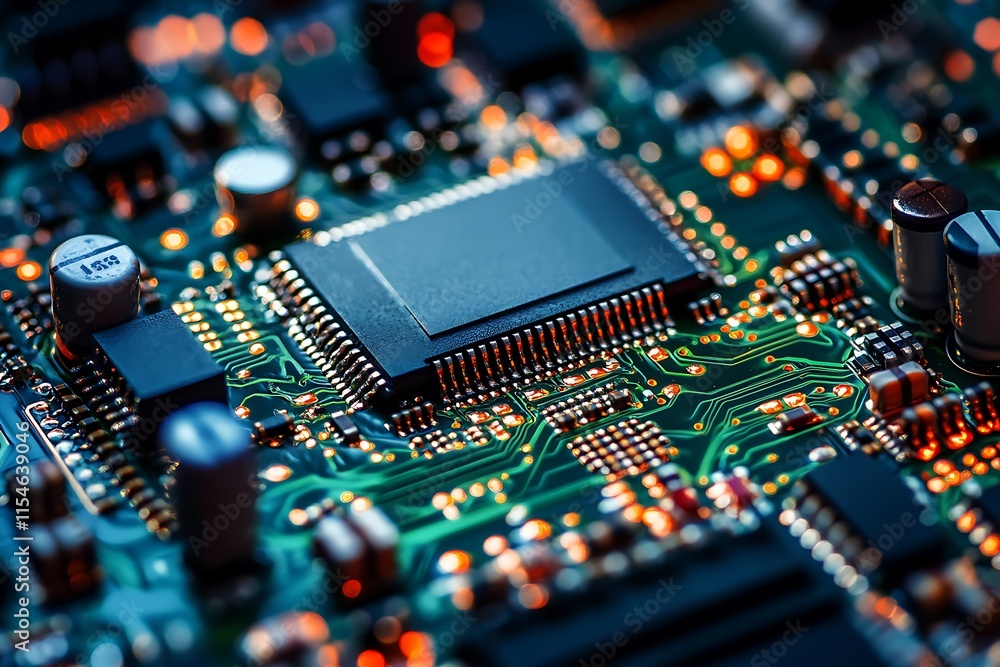 Aufkleber close up of circuit board with microchip. concept of technology, electronics, and innovation.