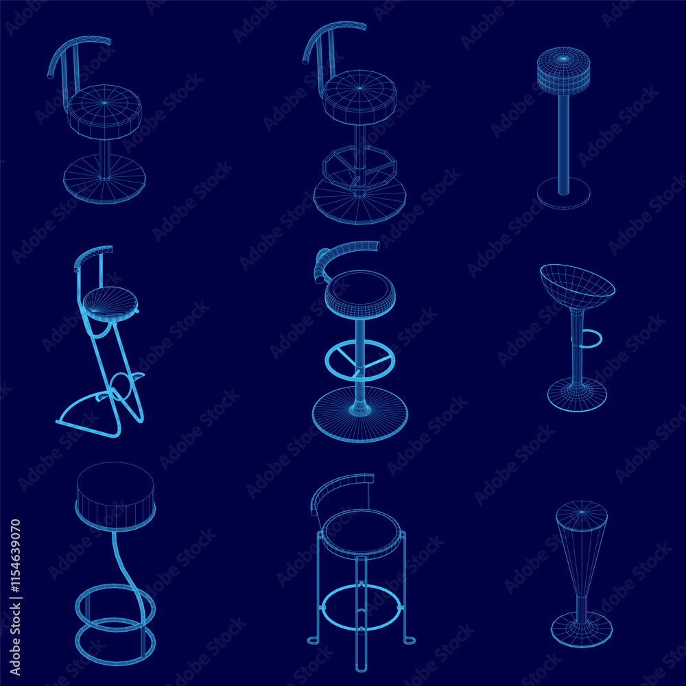 Poster series of blue chairs and stools are shown in various positions. the chairs and stools are all diffe