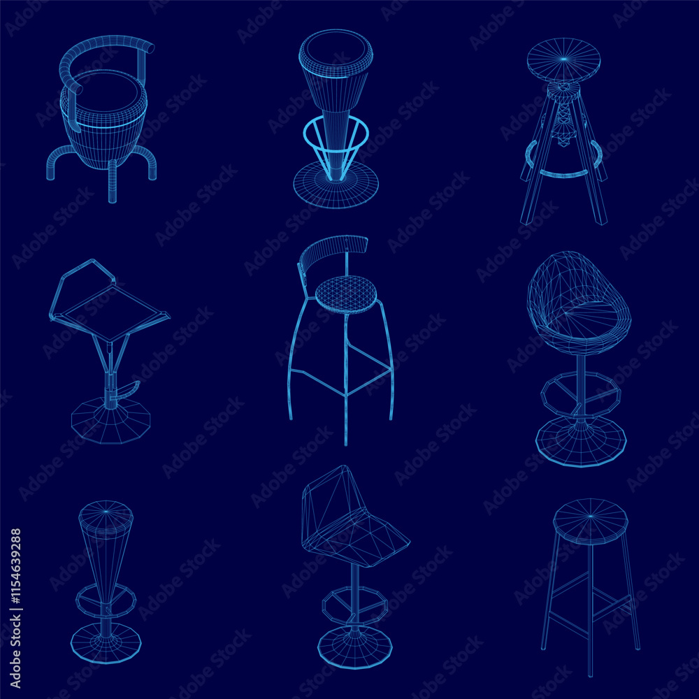 Poster collection of blue chairs and stools are shown in various positions. the chairs and stools are all d