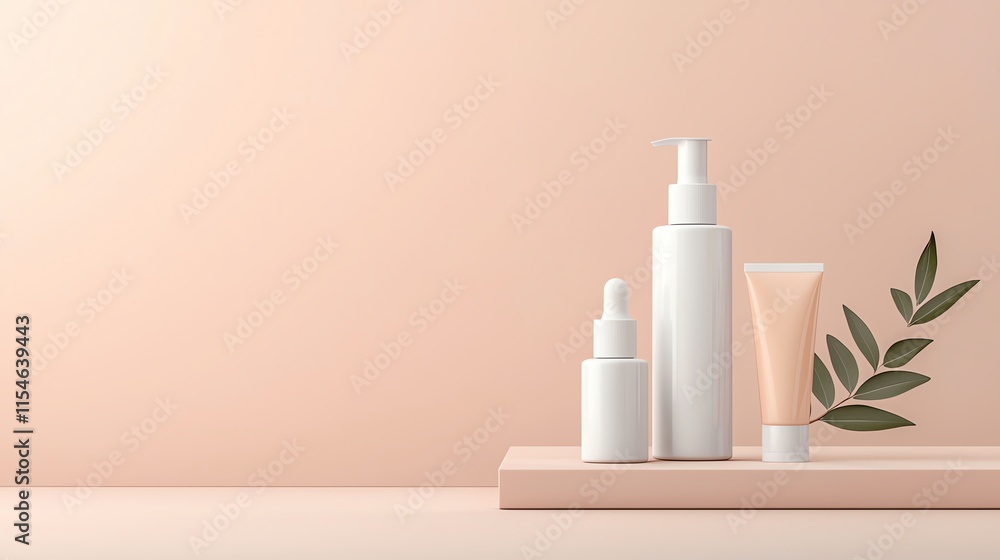 Poster a professional layout of plain serum bottles styled with sharp geometric decor in a minimalist desig