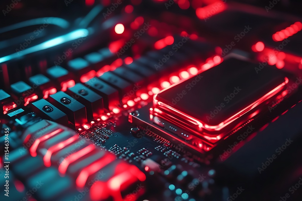 Poster high tech computer motherboard with cpu and rgb lighting. concept of advanced technology, gaming, an