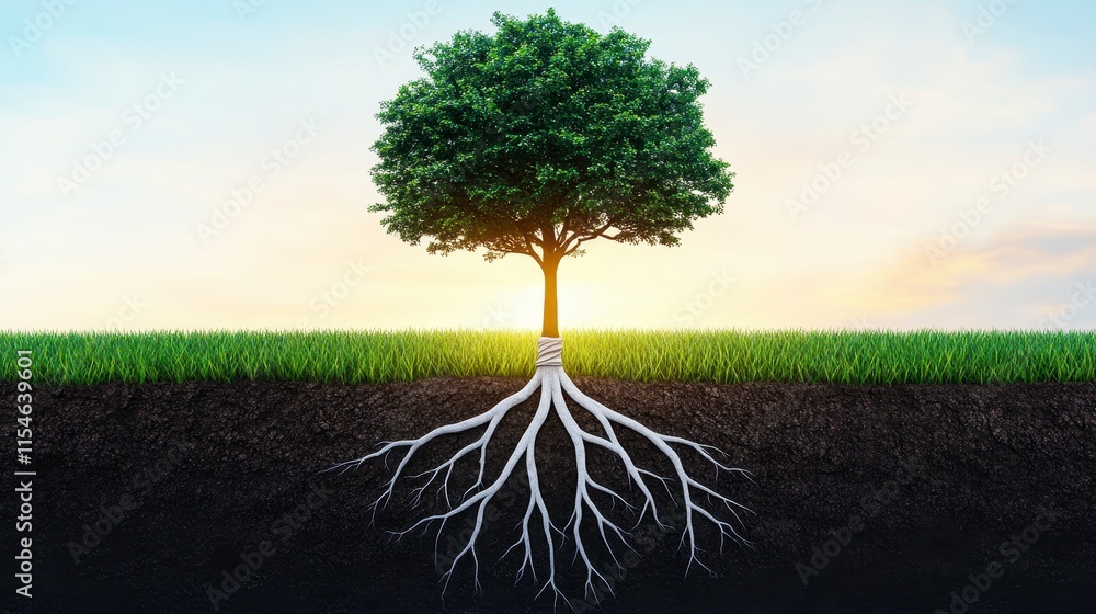 Poster a magnificent tree stands tall above ground, with intricate white roots extending deep into the dark