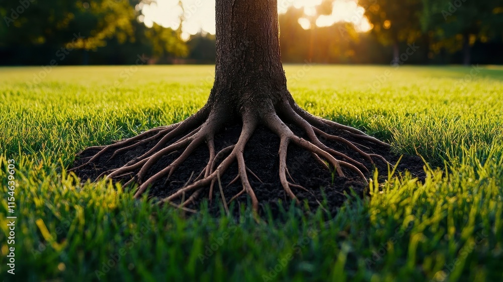 Poster ground-level view of a majestic tree trunk showcasing intricate roots extending into rich, vibrant g
