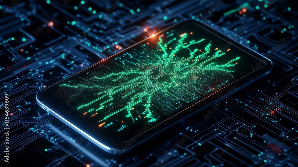 Poster a smartphone displaying vibrant digital circuitry on a high-tech circuit board background, symbolizi