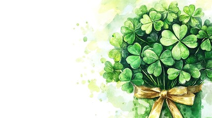 Watercolor shamrock bouquet with gold ribbon.