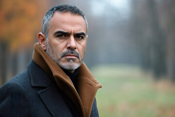 Fototapeta premium French Man in a dark coat with a serious expression walking through a foggy park in autumn