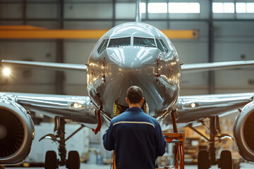 Fototapeta premium Airplane Nose Section in Hangar with Technician