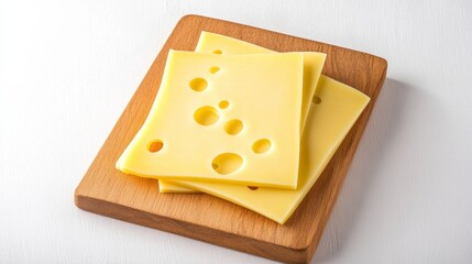 Three slices of Swiss cheese with characteristic holes arranged on a wooden cutting board ready for culinary use and presentation.